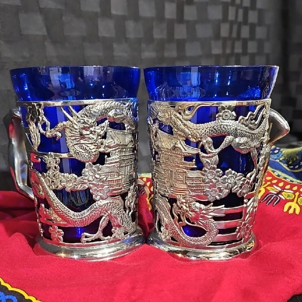 Vtg 1950s Japanese Cobalt Blue Glass Dragon Tankards Silver Nude Lady Mugs
